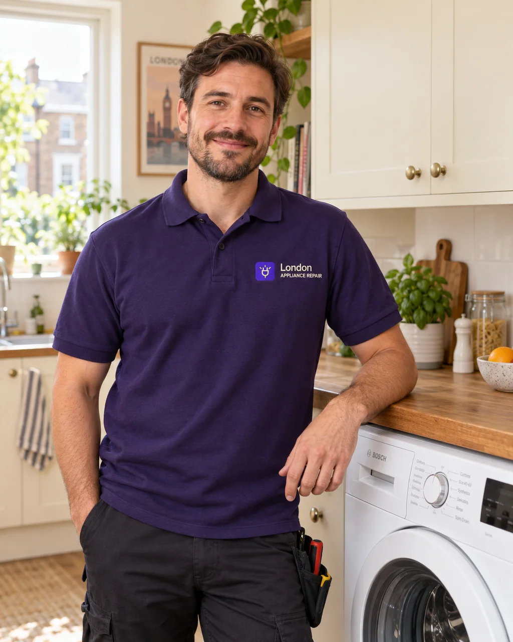 Illustrative portrait of a smiling appliance repair engineer wearing our branded work top in a kitchen